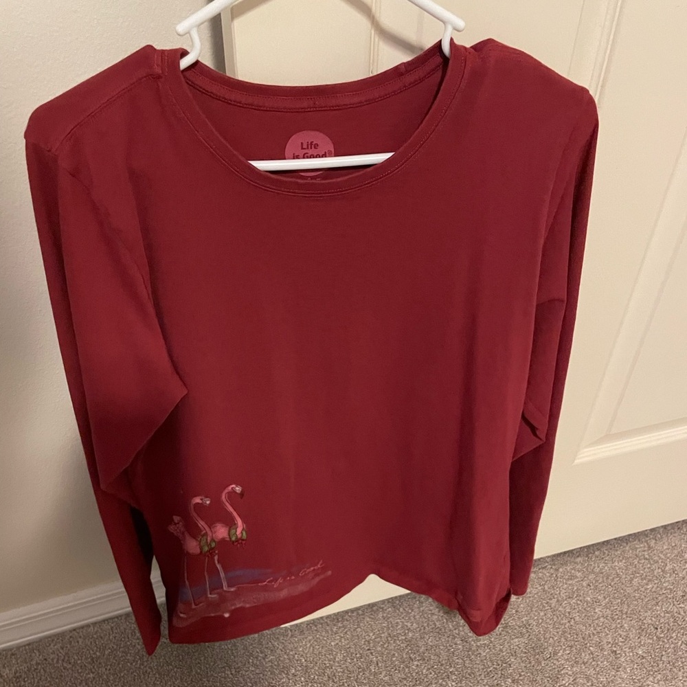 Life is Good holiday flamingo shirt. Sz L Christmas